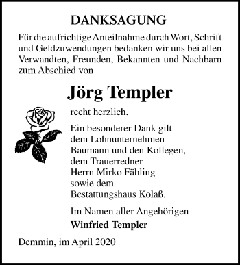Traueranzeige von Jörg Templer von Ostsee-Zeitung GmbH