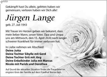 Traueranzeige von Jürgen Lange von Leipziger Volkszeitung