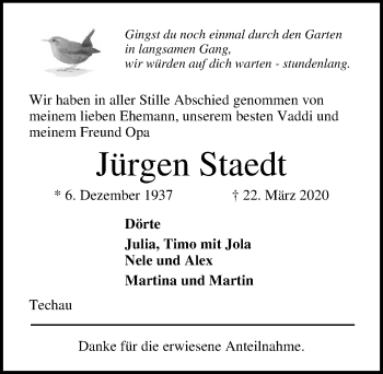 Traueranzeige von Jürgen Staedt von Lübecker Nachrichten