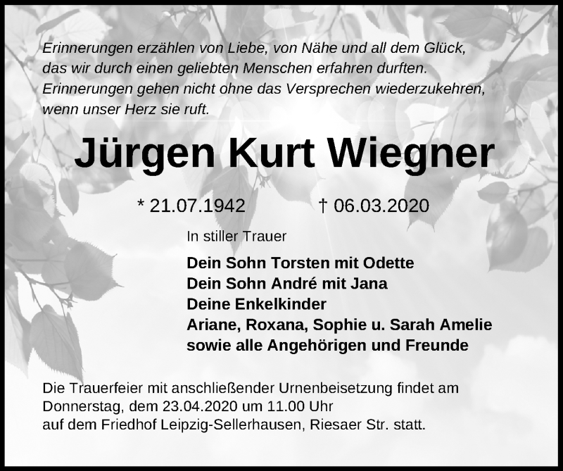  Traueranzeige für Jürgen Kurt Wiegner vom 11.04.2020 aus Leipziger Volkszeitung