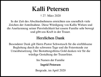 Traueranzeige von Kalli Petersen von Lübecker Nachrichten