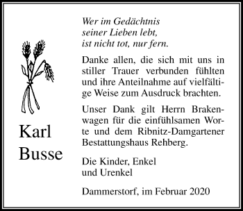 Traueranzeige von Karl Busse von Ostsee-Zeitung GmbH
