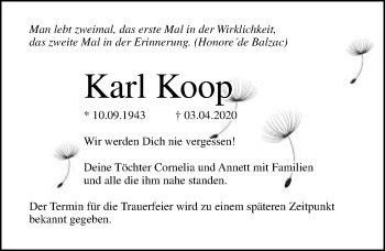 Traueranzeige von Karl Koog von Ostsee-Zeitung GmbH