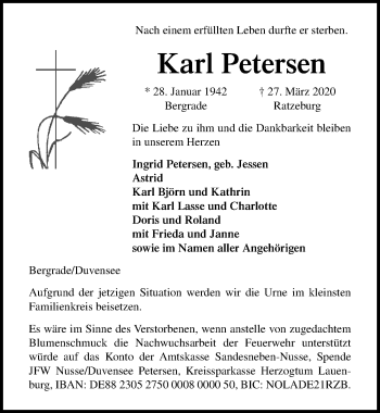 Traueranzeige von Karl Petersen von Lübecker Nachrichten