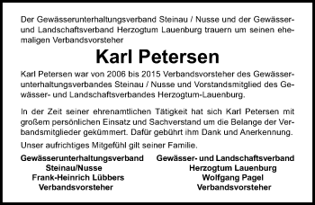 Traueranzeige von Karl Petersen von Lübecker Nachrichten