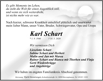 Traueranzeige von Karl Schart von Hannoversche Allgemeine Zeitung/Neue Presse