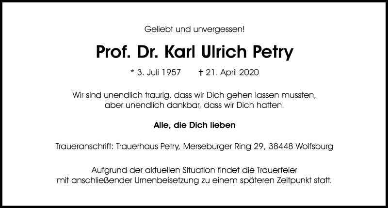  Traueranzeige für Karl Ulrich Petry vom 25.04.2020 aus Aller Zeitung