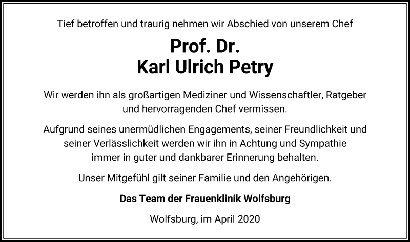  Traueranzeige für Karl Ulrich Petry vom 25.04.2020 aus Aller Zeitung
