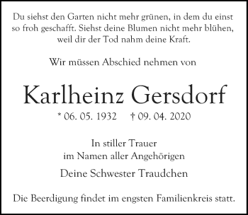 Traueranzeige von Karlheinz Gersdorf von Märkischen Allgemeine Zeitung