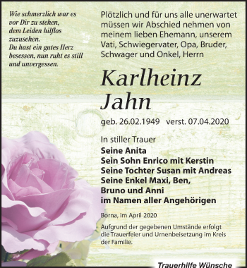 Traueranzeige von Karlheinz Jahn von Leipziger Volkszeitung