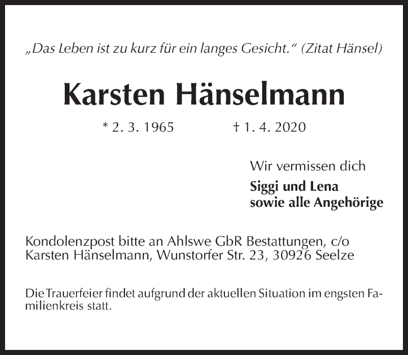  Traueranzeige für Karsten Hänselmann vom 04.04.2020 aus Hannoversche Allgemeine Zeitung/Neue Presse