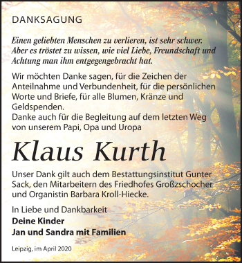 Traueranzeige von Klaus Kurth von Leipziger Volkszeitung