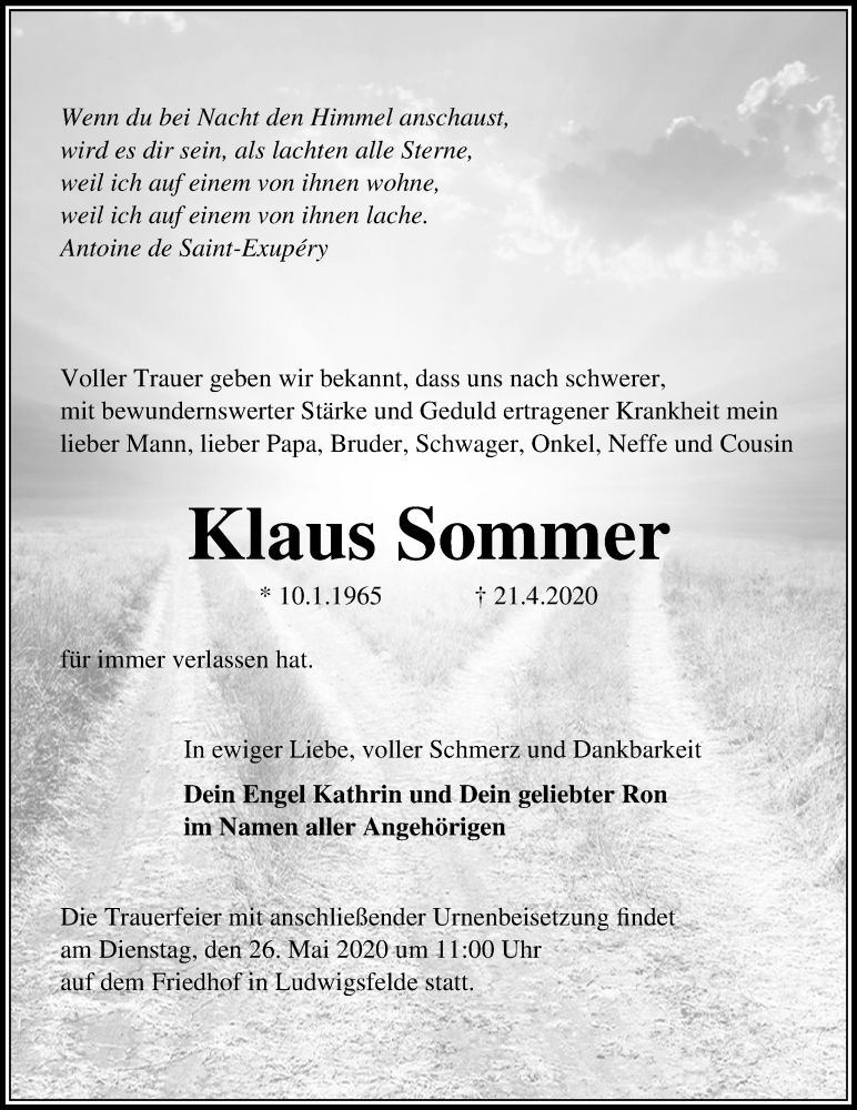  Traueranzeige für Klaus Sommer vom 25.04.2020 aus Märkischen Allgemeine Zeitung