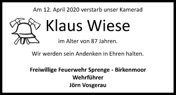 Traueranzeige von Klaus Wiese von Kieler Nachrichten