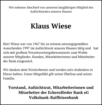 Traueranzeige von Klaus Wiese von Kieler Nachrichten