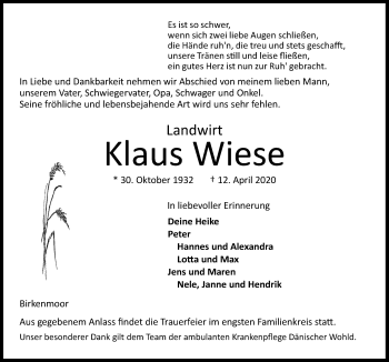 Traueranzeige von Klaus Wiese von Kieler Nachrichten