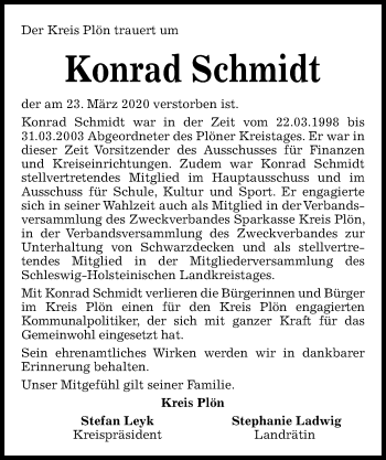 Traueranzeige von Konrad Schmidt von Kieler Nachrichten