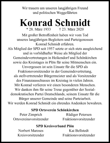 Traueranzeige von Konrad Schmidt von Kieler Nachrichten