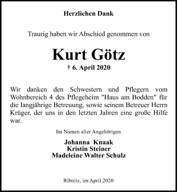 Traueranzeige von Kurt Götz von Ostsee-Zeitung GmbH