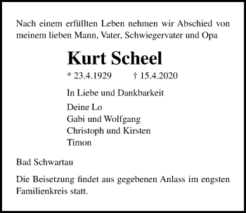 Traueranzeige von Kurt Scheel von Lübecker Nachrichten