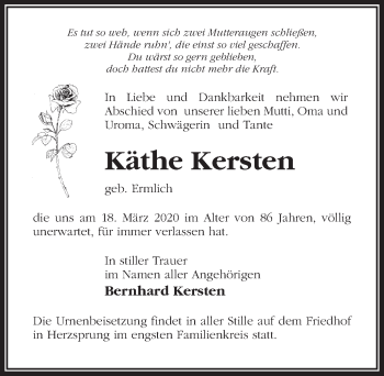 Traueranzeige von Käthe Kersten von Märkischen Allgemeine Zeitung