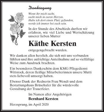 Traueranzeige von Käthe Kersten von Märkischen Allgemeine Zeitung