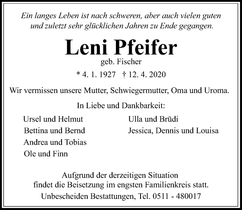  Traueranzeige für Leni Pfeifer vom 18.04.2020 aus Hannoversche Allgemeine Zeitung/Neue Presse