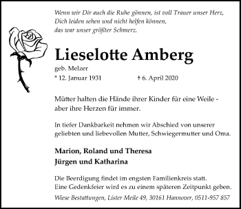 Traueranzeige von Lieselotte Amberg von Hannoversche Allgemeine Zeitung/Neue Presse
