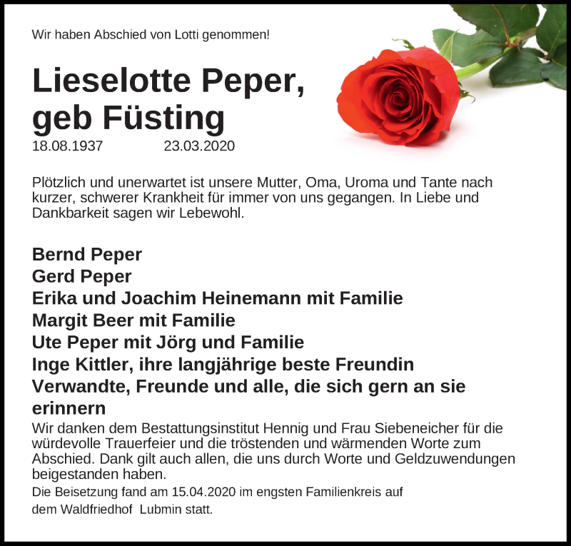  Traueranzeige für Lieselotte Peper vom 25.04.2020 aus Ostsee-Zeitung GmbH