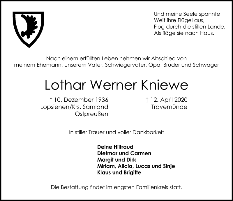  Traueranzeige für Lothar Werner Kniewe vom 19.04.2020 aus Lübecker Nachrichten