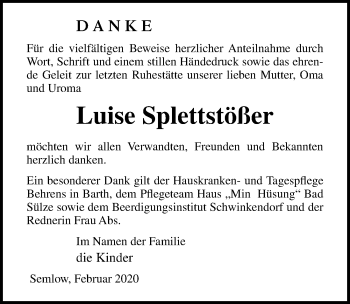 Traueranzeige von Luise Splettstößer von Ostsee-Zeitung GmbH