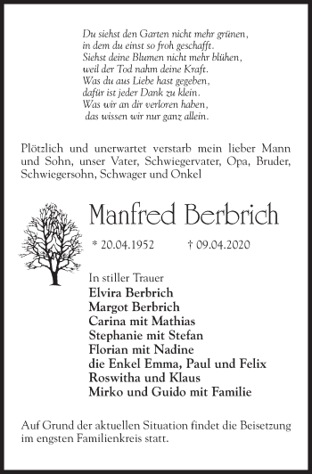 Traueranzeige von Manfred Berbrich von Märkischen Allgemeine Zeitung