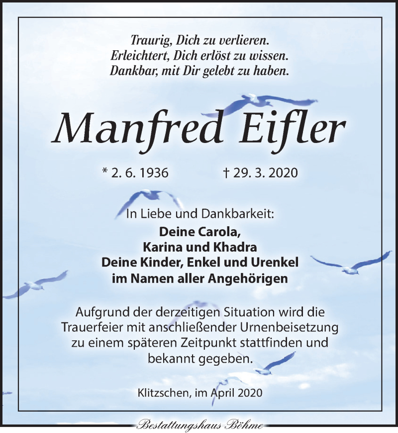  Traueranzeige für Manfred Eifler vom 04.04.2020 aus Torgauer Zeitung