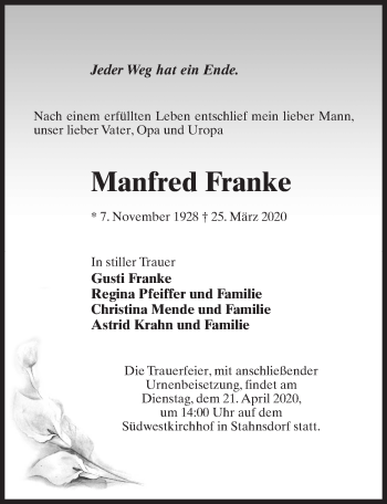 Traueranzeige von Manfred Franke von Märkischen Allgemeine Zeitung