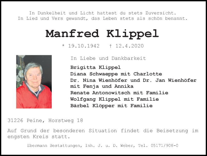  Traueranzeige für Manfred Klippel vom 18.04.2020 aus Peiner Allgemeine Zeitung