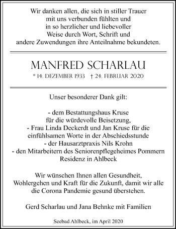 Traueranzeige von Manfred Scharlau von Ostsee-Zeitung GmbH