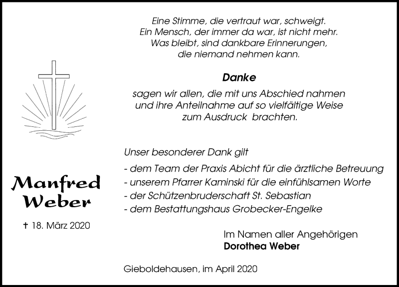 Traueranzeige für Manfred Weber vom 04.04.2020 aus Eichsfelder Tageblatt