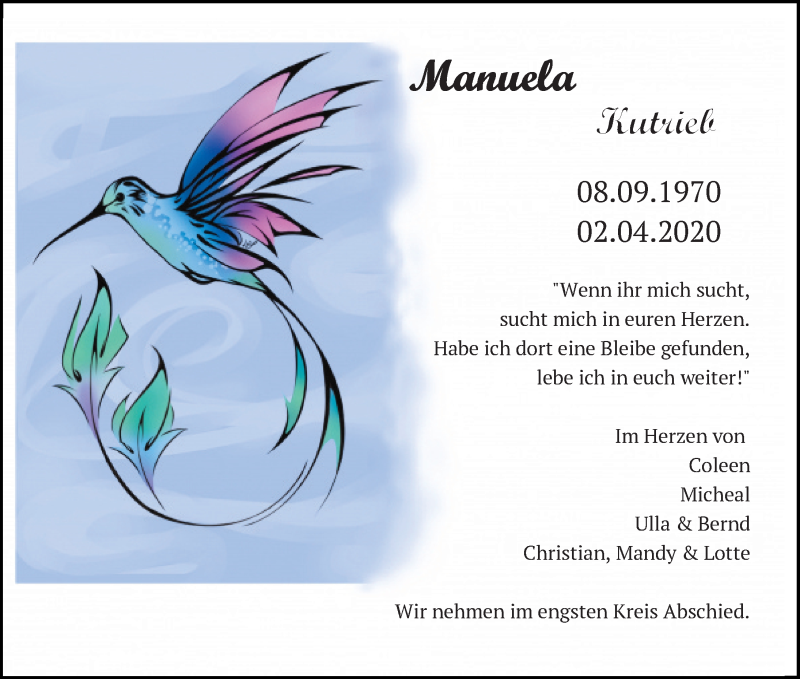  Traueranzeige für Manuela Kutrieb vom 09.04.2020 aus Lübecker Nachrichten