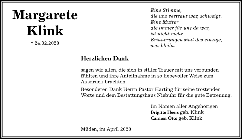  Traueranzeige für Margarete Klink vom 18.04.2020 aus Aller Zeitung