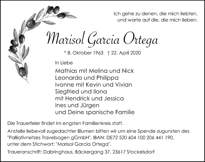  Traueranzeige für Marisol Garcia Ortega vom 26.04.2020 aus Lübecker Nachrichten