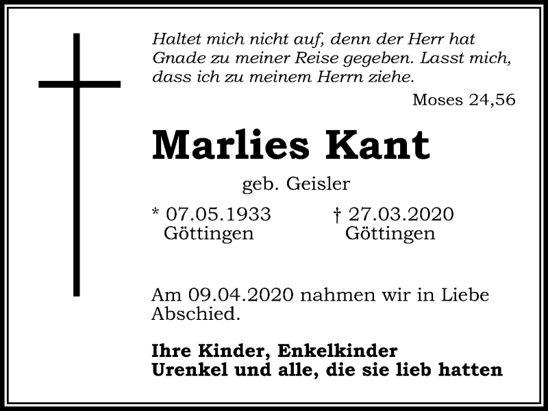  Traueranzeige für Marlies Kant vom 18.04.2020 aus Göttinger Tageblatt