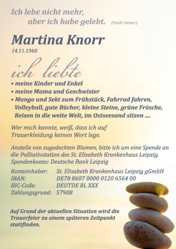 Traueranzeige von Martina Knorr von Leipziger Volkszeitung