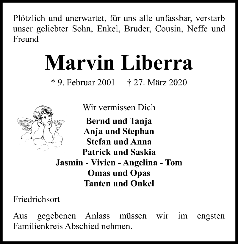  Traueranzeige für Marvin Liberra vom 04.04.2020 aus Kieler Nachrichten