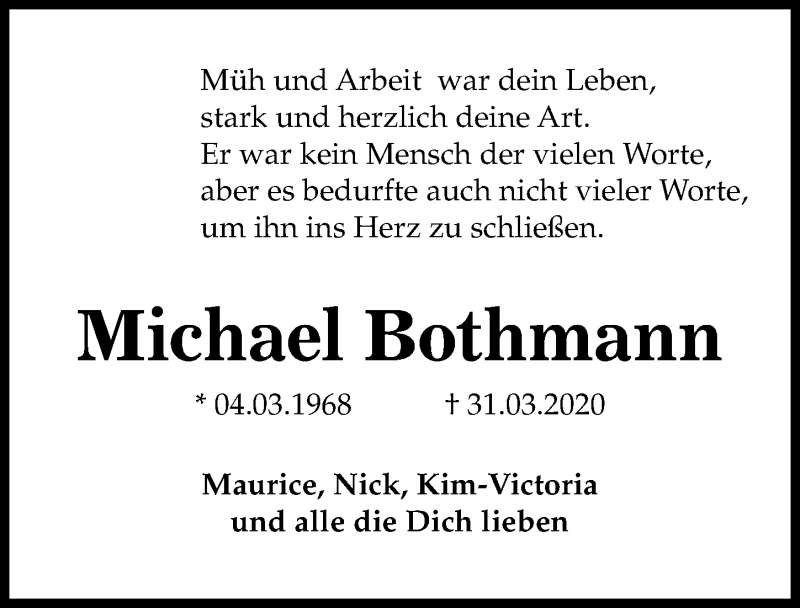  Traueranzeige für Michael Bothmann vom 11.04.2020 aus Göttinger Tageblatt