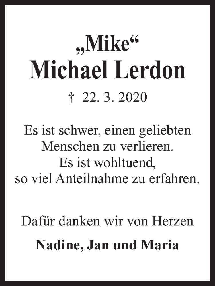  Traueranzeige für Michael Lerdon vom 25.04.2020 aus Kieler Nachrichten