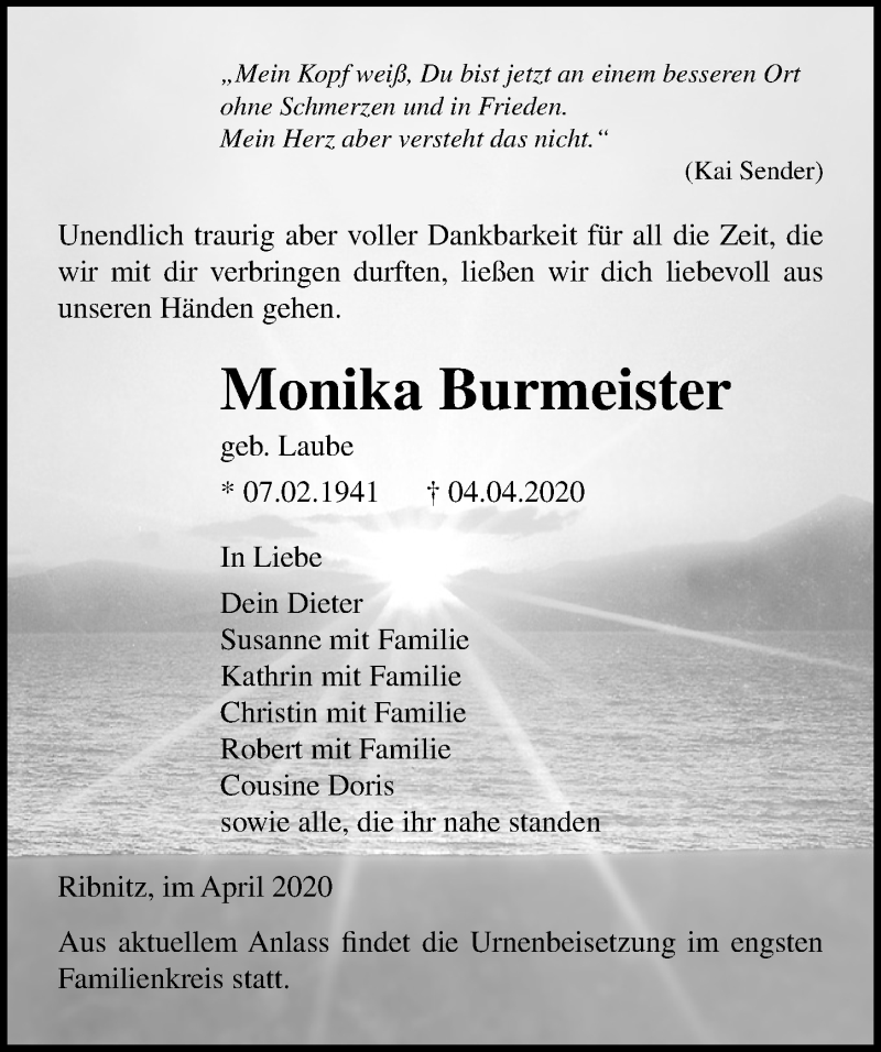 Traueranzeige für Monika Burmeister vom 25.04.2020 aus Ostsee-Zeitung GmbH