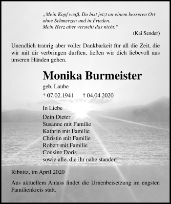 Traueranzeige von Monika Burmeister von Ostsee-Zeitung GmbH