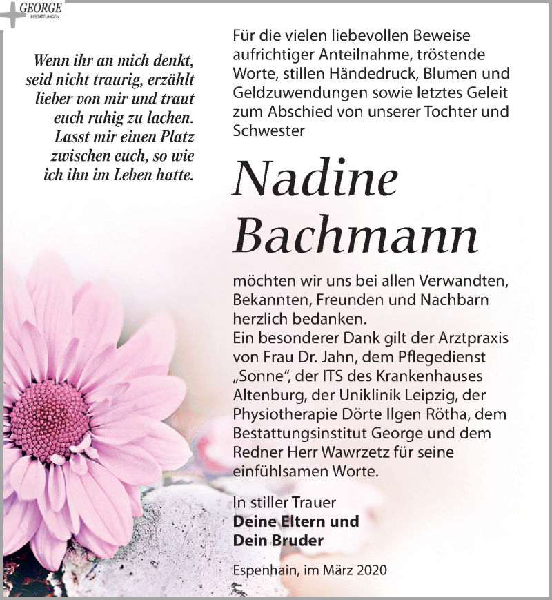  Traueranzeige für Nadine Bachmann vom 04.04.2020 aus Leipziger Volkszeitung