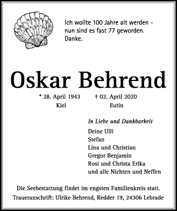 Traueranzeige von Oskar Behrend von Kieler Nachrichten