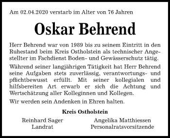 Traueranzeige von Oskar Behrend von Kieler Nachrichten